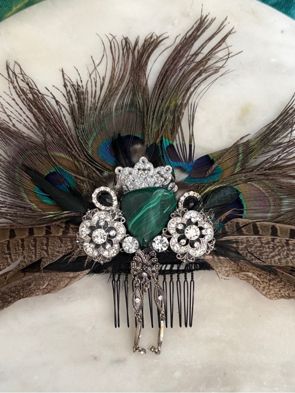 Peacock Feather Hair Comb 1920s Gatsby Flapper Fascinator Rhinestones Cosplay